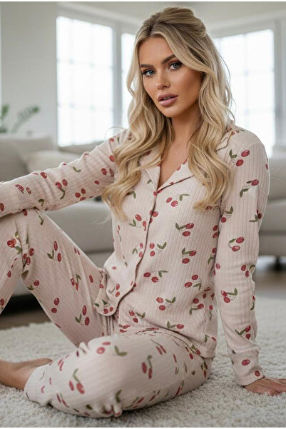 Siyah İnci Mink Cherry Pattern Soft Touch Winter Corded Fabric Button Cotton ...