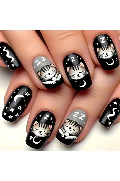 Choice 24pcs 24pcs Cute Cat Moon Star Patch Nail Art Short Square Fake Nail w...