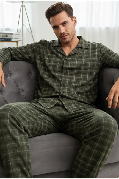Siyah İnci Set de pijamale cu bumbac 100% nasturi în carouri kaki din materia...