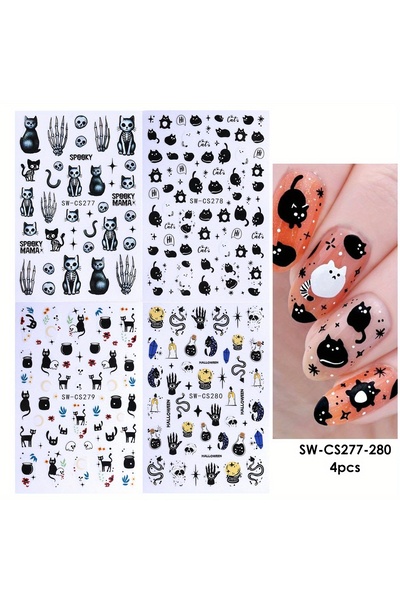 Choice SW-CS277-280-4pcs 4 قطع ملصقات أظافر بتصميم قطة سوداء كاواي، جمجمة، تص...
