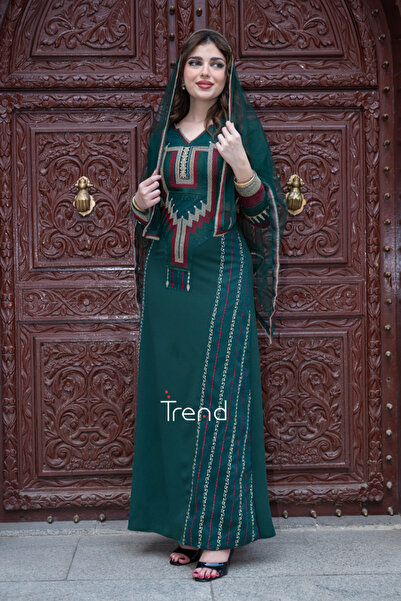 TREND جلابية مطرزة تراثية مع طرحة رأس – أخضر