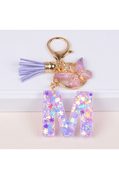 Choice M 26 English Initial Letter Purple Resin Keychain Cute Butterfly Tasse...