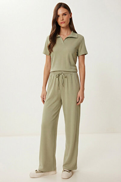 Lovelyİstanbul طقم بولو ياكا مودال مرن من الأسفل إلى الأعلى LBY0038 أخضر زمردي