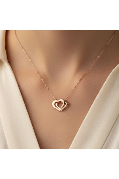 hand-iz 926 Ayar Gümüş İçiçe Geçen Çift Kalp Kolye