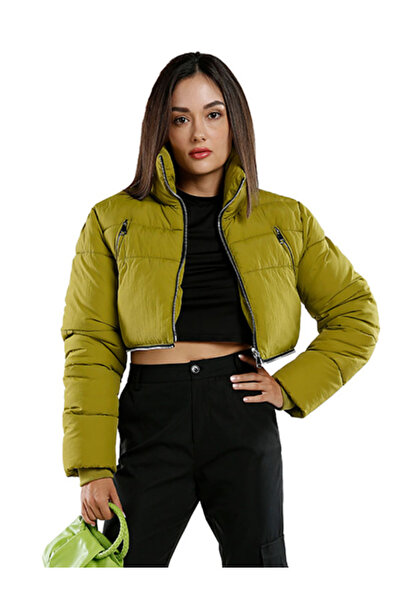 london Rag Women Dark Olive Cropped Detachable Turtleneck Puffer Jacket