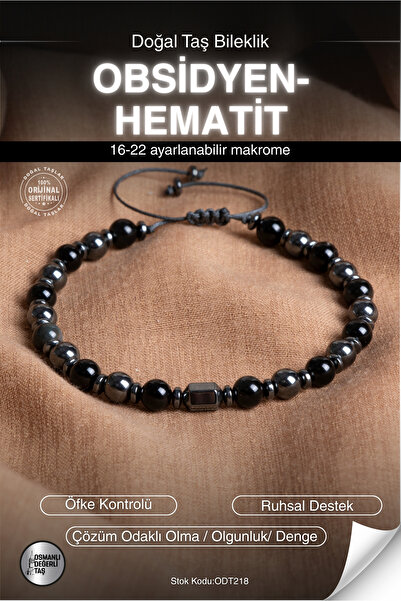 OSMANLI DEĞERLİ TAŞ Certified Obsidian-Hematite Natural Stone Macrame Bracele...