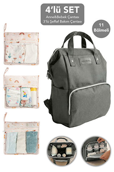 Meleni Baby 4lü Set - Anne Bebek Bölmeli Sırt Çantası ve Şeffaf Pencereli Yen...