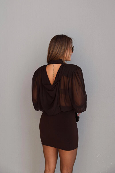 Purple by Banu Kahverengi Mini Şifon Elbise