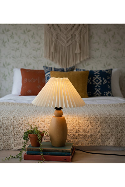 Decodelight Ahşap Naturel Elips Ayaklı Pileli ; Kağı İp ,Hasır Konik Kumaş Şa...