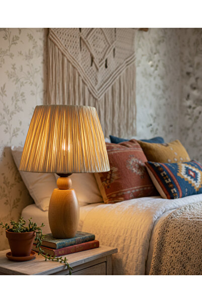 Decodelight Ahşap Naturel Elips Ayaklı Pileli ; Kağı İp ,Hasır Konik Kumaş Şa...