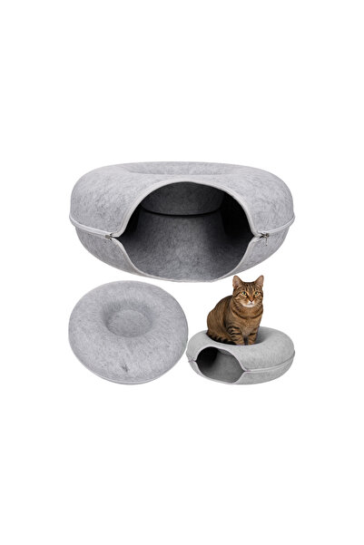 Purlov Cat bed, play tunnel 22 cm, donut shape, with zipper, gray felt