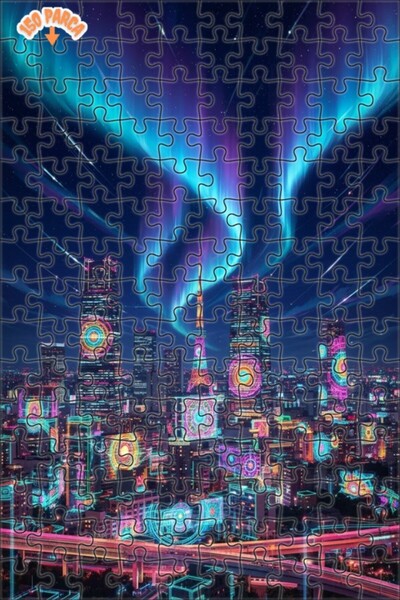 Teona Ahşap Neon Şehir Işıltısı Yağlı Boya Görünümlü Çift Katlı Çerçeveli Ahş...