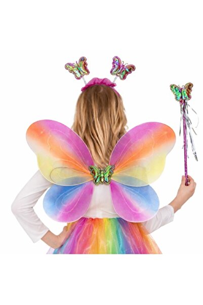 Fırsatkolik Colorful Butterfly Wing Crown Scepter Costume Set for Kids