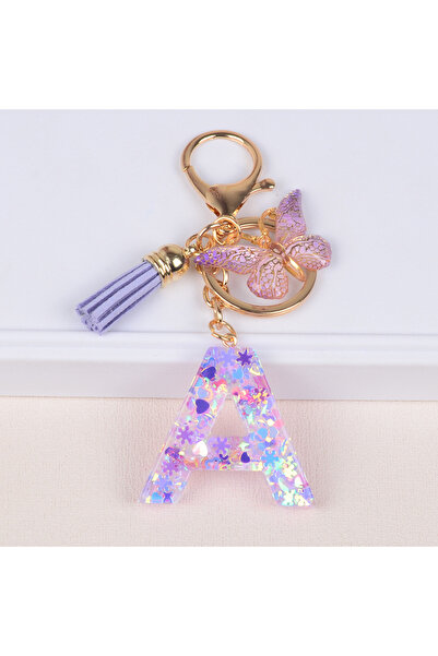 Choice A 26 English Initial Letter Purple Resin Keychain Cute Butterfly Tasse...