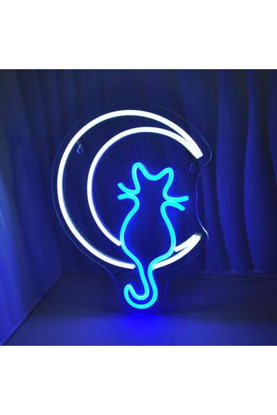 Slasa Moon Cat Acrylic Neon Sign Acrylic Base Blue White LED 27x35 cm