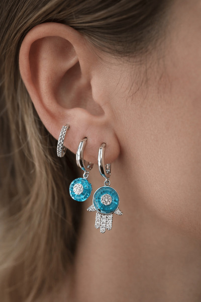 TAKIŞTIR 3'lü Gümüş Renk Mavi Taş Detaylı 14K Altın Kaplama TX Küpe