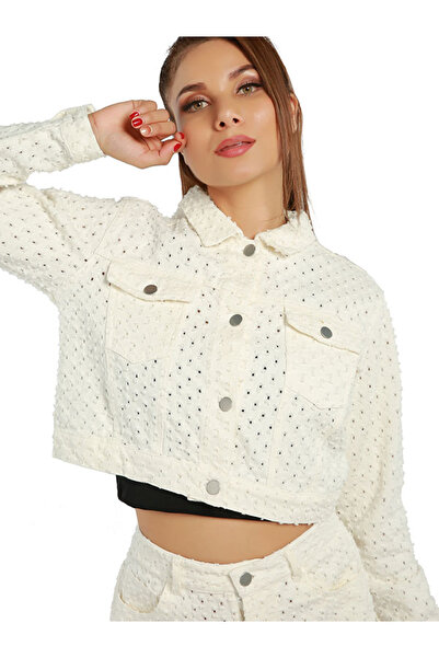 london Rag Women Solid Textured White Textured Dobby Crop Jacket
