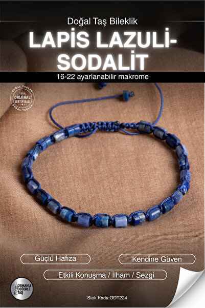 OSMANLI DEĞERLİ TAŞ Certified Lapis Lazuli-Sodalite Natural Stone Macrame Bra...