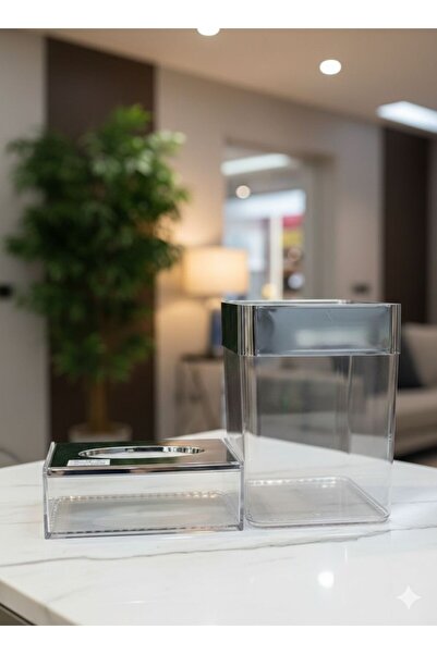 Noor سلة مربع و علبة منديل اكريلك شفاف بخط فضي عريض عالي الجودة حجم كبير