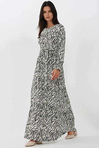 Hiccup Printed Crew Neck Textured and Belted Modest Dress