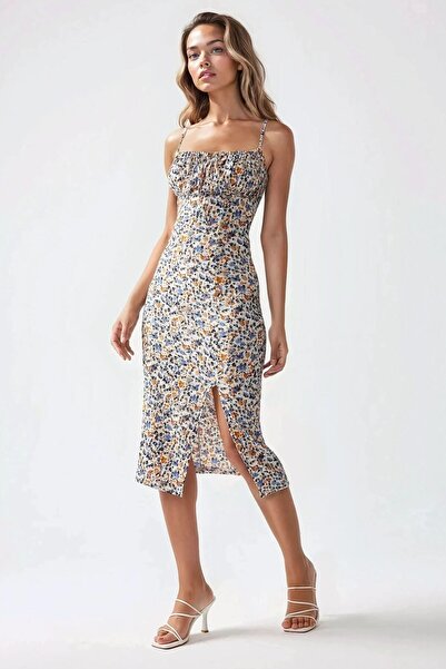 Hiccup Floral Print Bodycon Midi Dress with Slit Detail