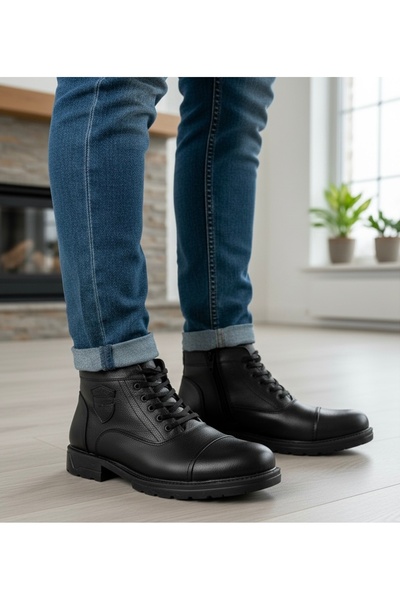 Budaks Men's Black Genuine Leather Boots with Fur Inside, Lace-Up, Zippered, ...