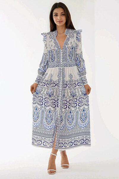 Hiccup Μοντέρνο φόρεμα με στάμπα V λαιμόκοψη με λεπτομέρεια βολάν