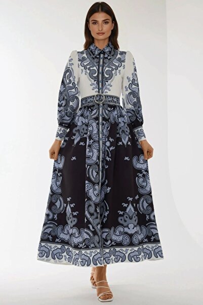 Hiccup Rochie maxi cu mânecă lungă și imprimeu și curea