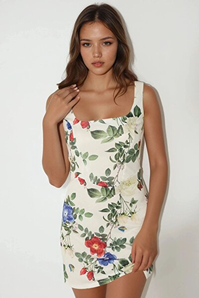 Hiccup Square Neckline and Floral Print Bodycon Mini Dress