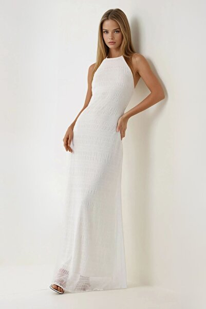 Hiccup Dokulu Halter Yaka Maxi Elbise