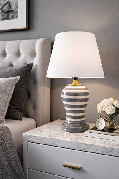 ferayhome Abajur Aydınlatma Şah Gri Zebra Beyaz Şapka Gold - Feray Home