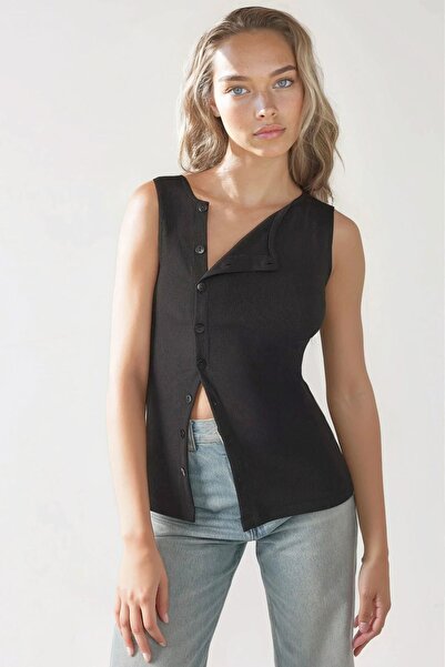 Hiccup Buttoned Body Fitted Asymmetrical Ribbed Top
