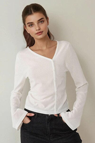 Hiccup Asimetrik Yaka Waffle Kumaş Düğme Detaylı Bluz
