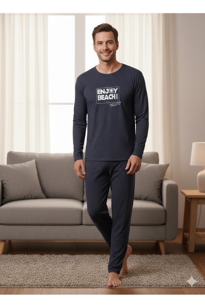 FAMES PİJAMA Men's Long Sleeve Navy Blue Pajama Set