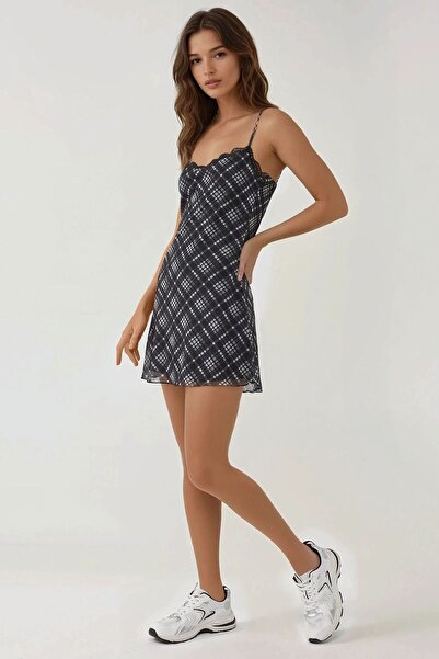 Hiccup Square Neck Lace Detailed Patterned Strap Mini Dress