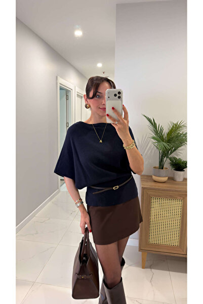 BİRCANÇİL Dlvin Mutra Navy Blue Melange Boat Neck Bat Sleeve Belted Knitwear