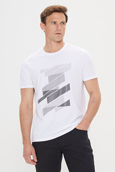 ALTINYILDIZ CLASSICS Men's White Slim Fit Slim Fit 100% Cotton Printed Crew N...