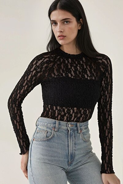 Hiccup Bluză cu croială slim fit și guler rotund din dantelă ghipură