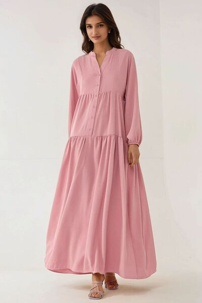 Hiccup فستان محتشم بأكمام طويلة ورقبة على شكل حرف V مع تفاصيل أزرار