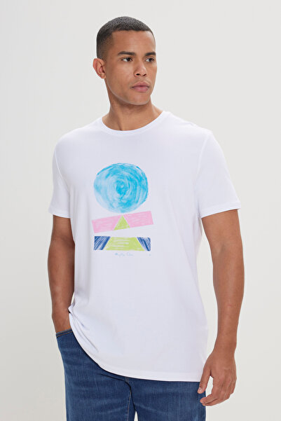 ALTINYILDIZ CLASSICS Men's White Slim Fit Slim Fit Cotton Printed Crew Neck T...