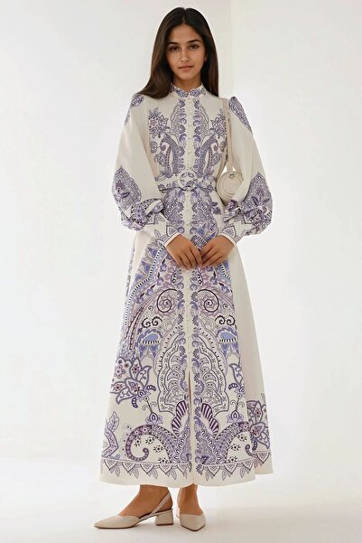 Hiccup فستان ماكسي بأكمام طويلة وحزام مطبوع