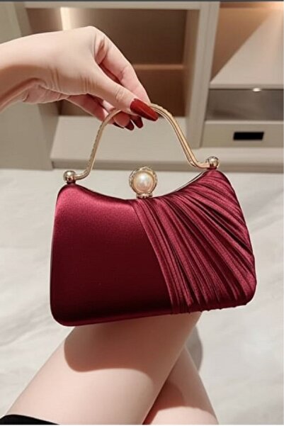 CRAFT MODA Saten Abiye Çanta İnci Detaylı Gold Saplı El Çantası