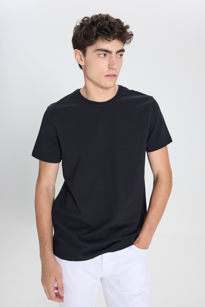 ALTINYILDIZ CLASSICS Men's Black Slim Fit Slim Fit Crew Neck Patterned T-Shirt