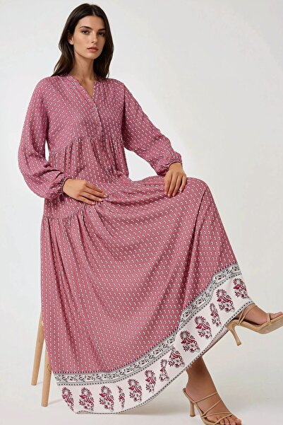 Hiccup Patterned V Neck Modest Dress