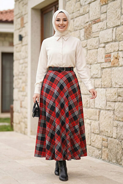 Hb Harma Time Butik Women's Red Plaid Patterned Skirt