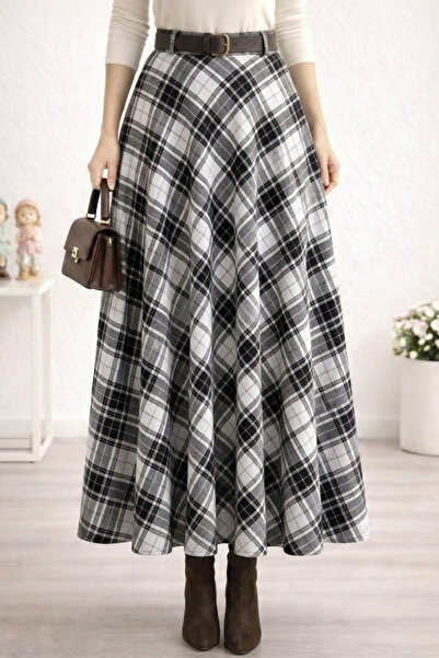 Hb Harma Time Butik Women's White Plaid Patterned Skirt