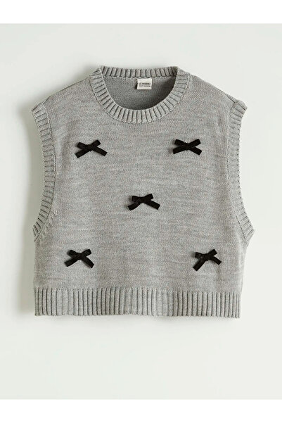 LC Waikiki LCW Kids Gri Fiyonk Detaylı Triko Kız Çocuk Süveter
