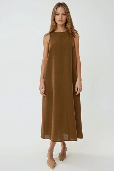 Hiccup Keten Görünümlü Kolsuz Bisiklet Yaka Midi Elbise