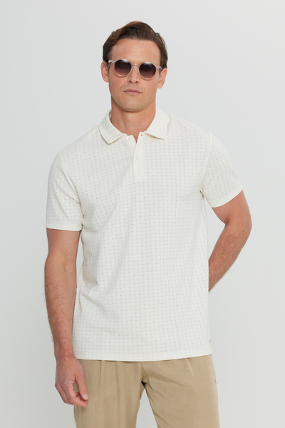 ALTINYILDIZ CLASSICS Men's Ecru Cotton Slim Fit Slim Fit Polo Neck Jacquard S...