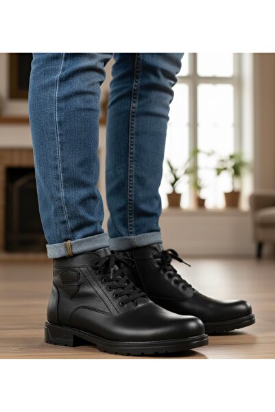 Budaks Men's Black Genuine Leather Boots with Fur Inside, Lace-Up, Zippered, ...